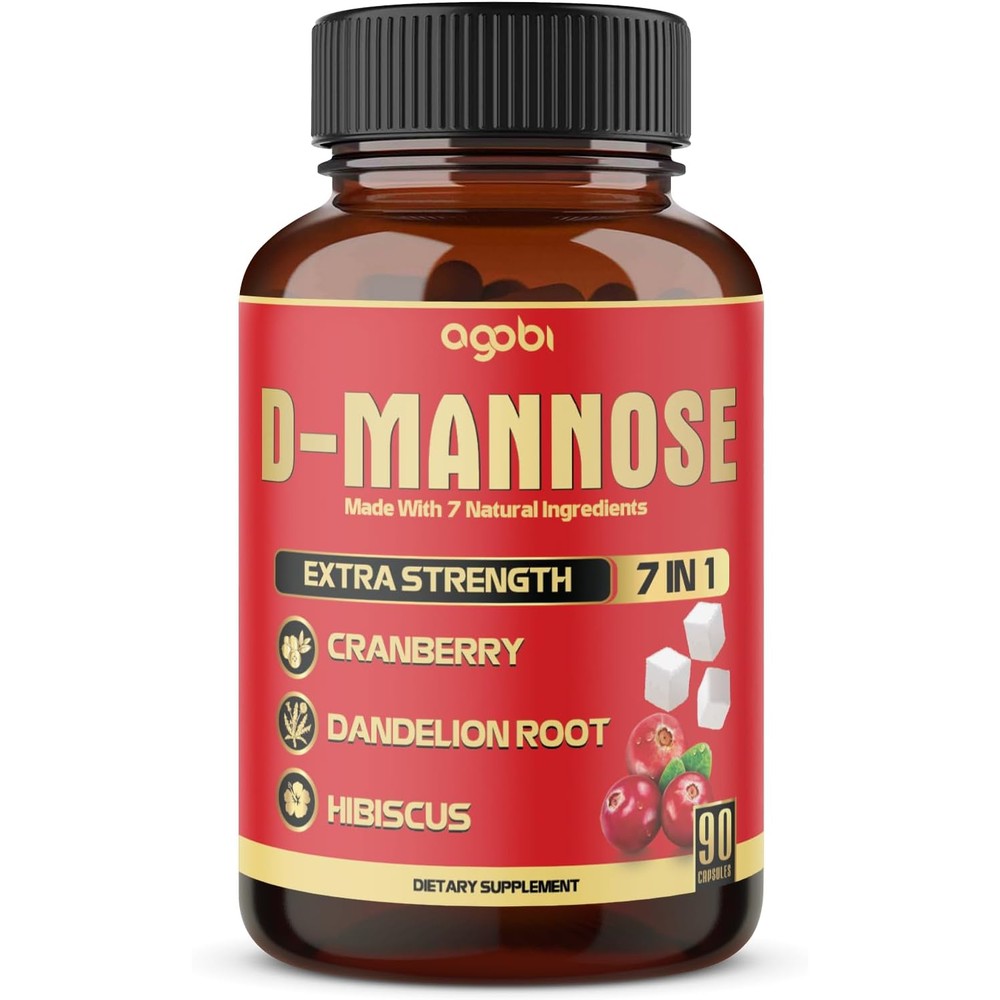 Agobi D-Mannose Capsules front view bottle showcasing the 7-in-1 urinary tract health formula.