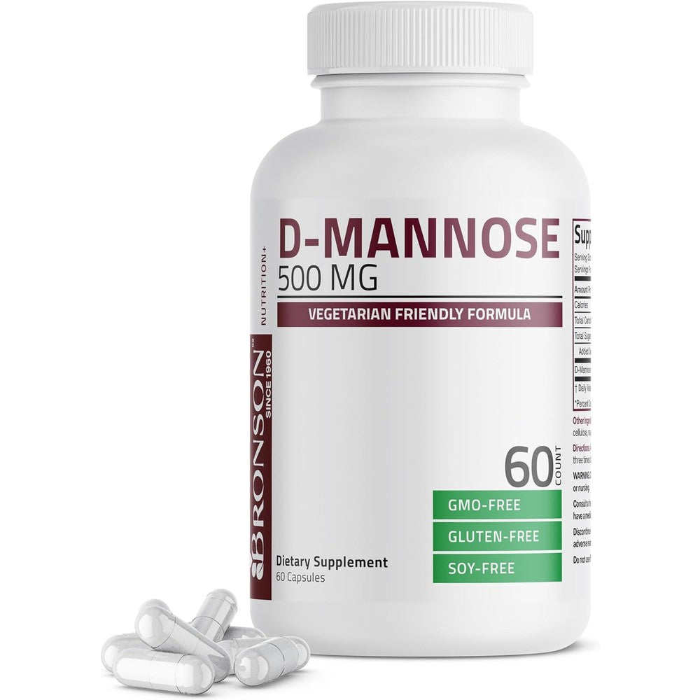 Bronson D Mannose 500 MG 60 Veg Capsules front view for urinary health.