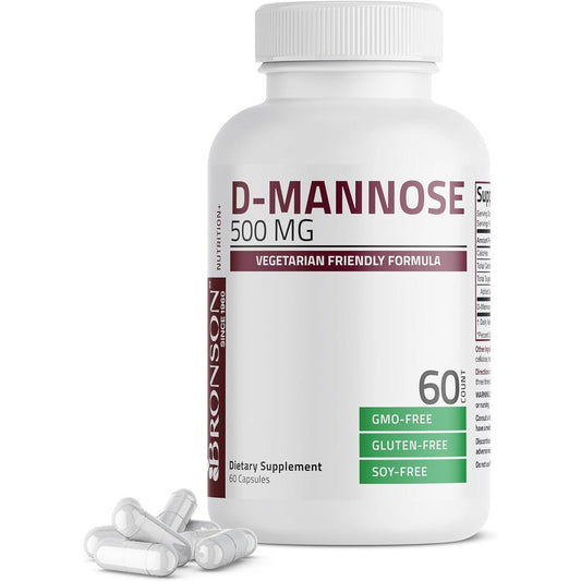 Bronson D Mannose 500 MG 60 Veg Capsules front view for urinary health.