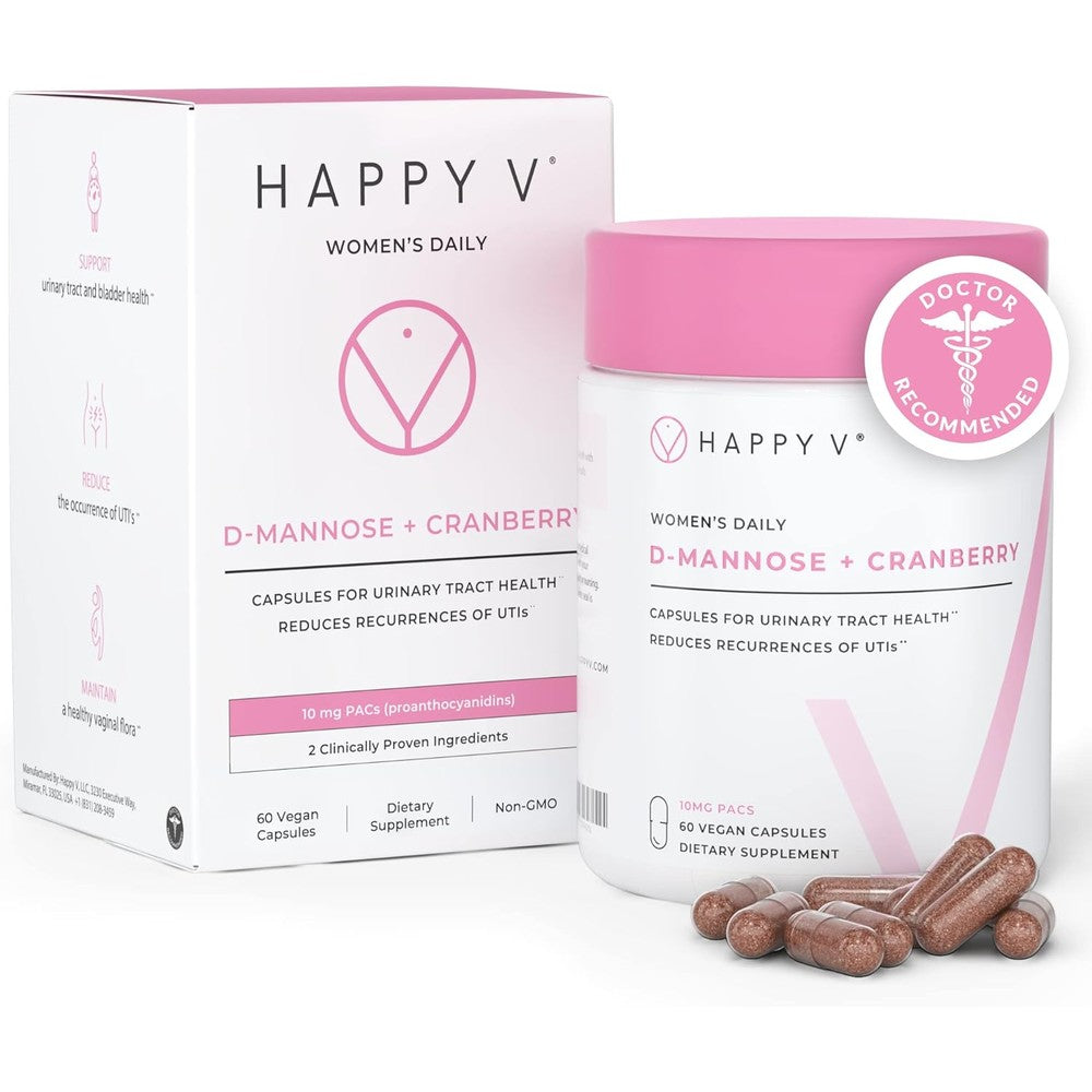 Happy V Dr Formulated D-Mannose with Cranberry pills front view for urinary tract health support