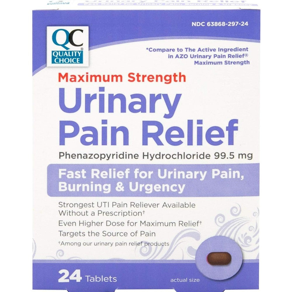 Quality Choice Maximum Strength Urinary Pain Relief twenty-four count package front view showing fast relief for urinary tract infection symptoms.