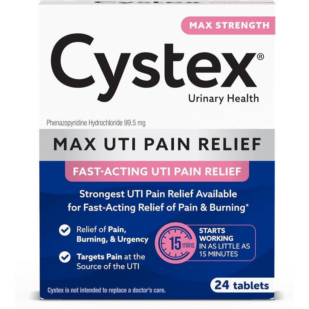 Cystex Maximum Strength UTI Pain Relief Tablets 24 Count box front view showcasing fast acting relief benefits.
