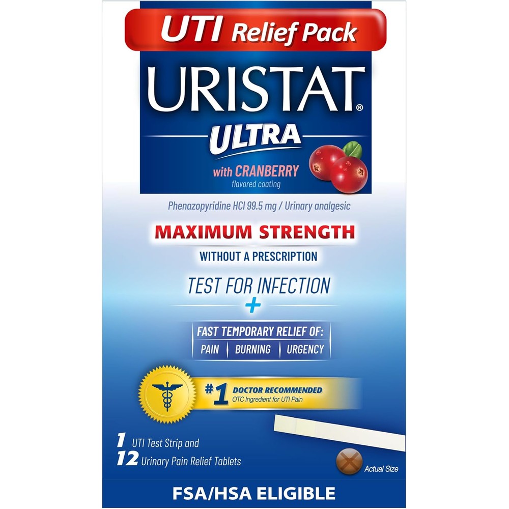 Uristat Ultra Strength Urinary Tract Infection Relief Kit front packaging showing test strip and twelve tablets
