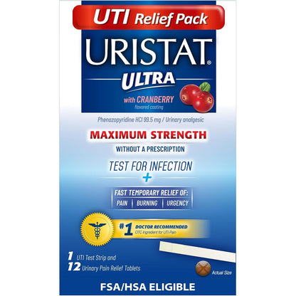 Uristat Ultra Strength Urinary Tract Infection Relief Kit front packaging showing test strip and twelve tablets