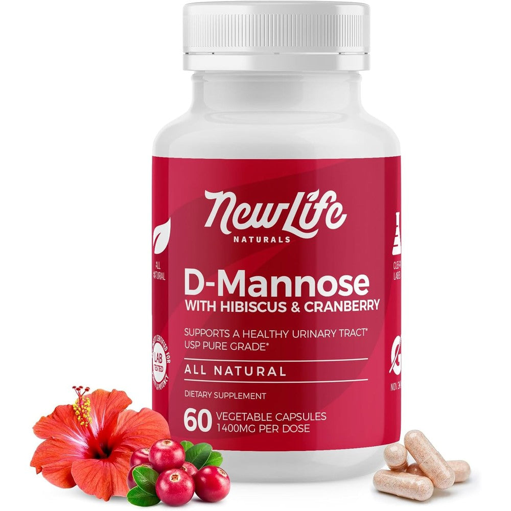 NewLife Naturals D Mannose Capsules bottle front view showing 1400mg dosage for urinary tract health.