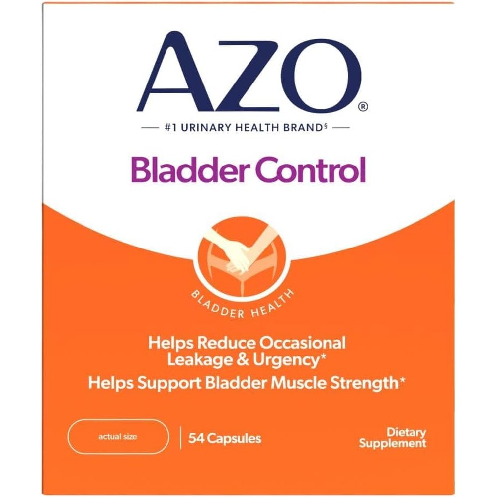 AZO Bladder Control Go-Less 54 Capsules front packaging showing urinary health supplement benefits.