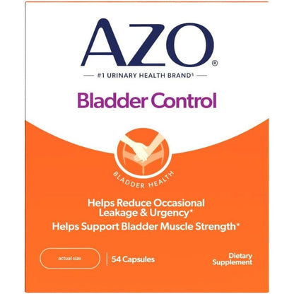 AZO Bladder Control Go-Less 54 Capsules front packaging showing urinary health supplement benefits.