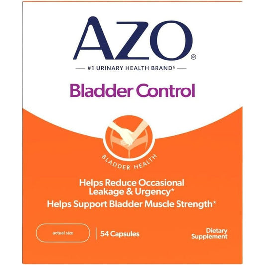 AZO Bladder Control Go-Less 54 Capsules front packaging showing urinary health supplement benefits.