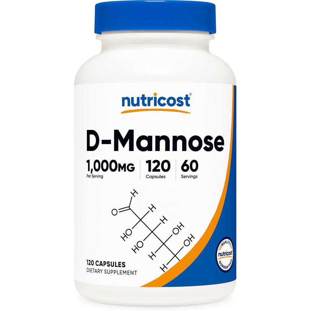 Nutricost D-Mannose 1000mg 120 capsules front bottle view for urinary tract health
