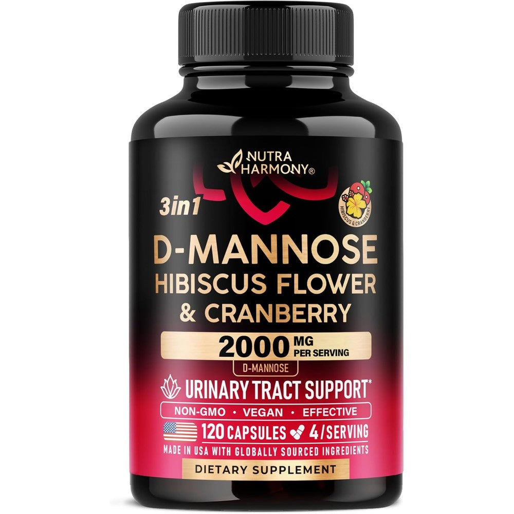 NutraHarmony D-Mannose 2000 Milligram front view bottle showing 120 vegan capsules for urinary tract health.