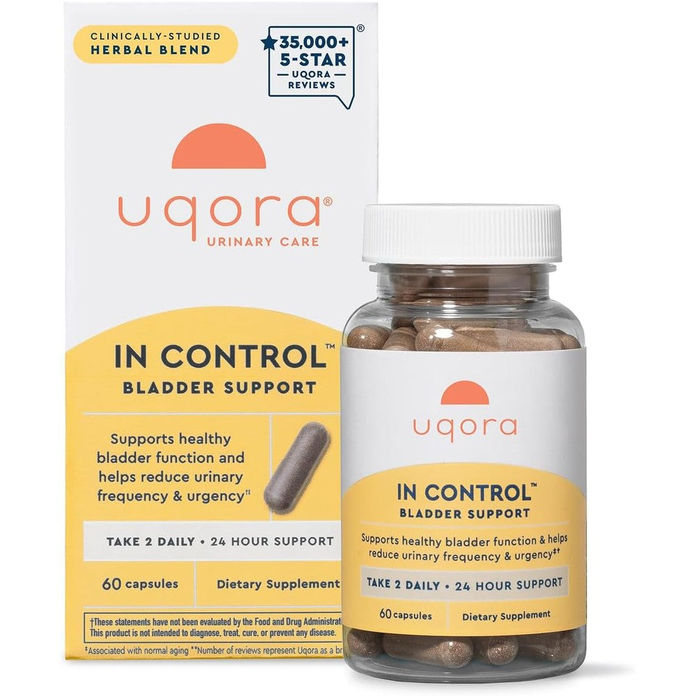 Uqora In Control Bladder Support front view bottle and packaging box for daily urinary care