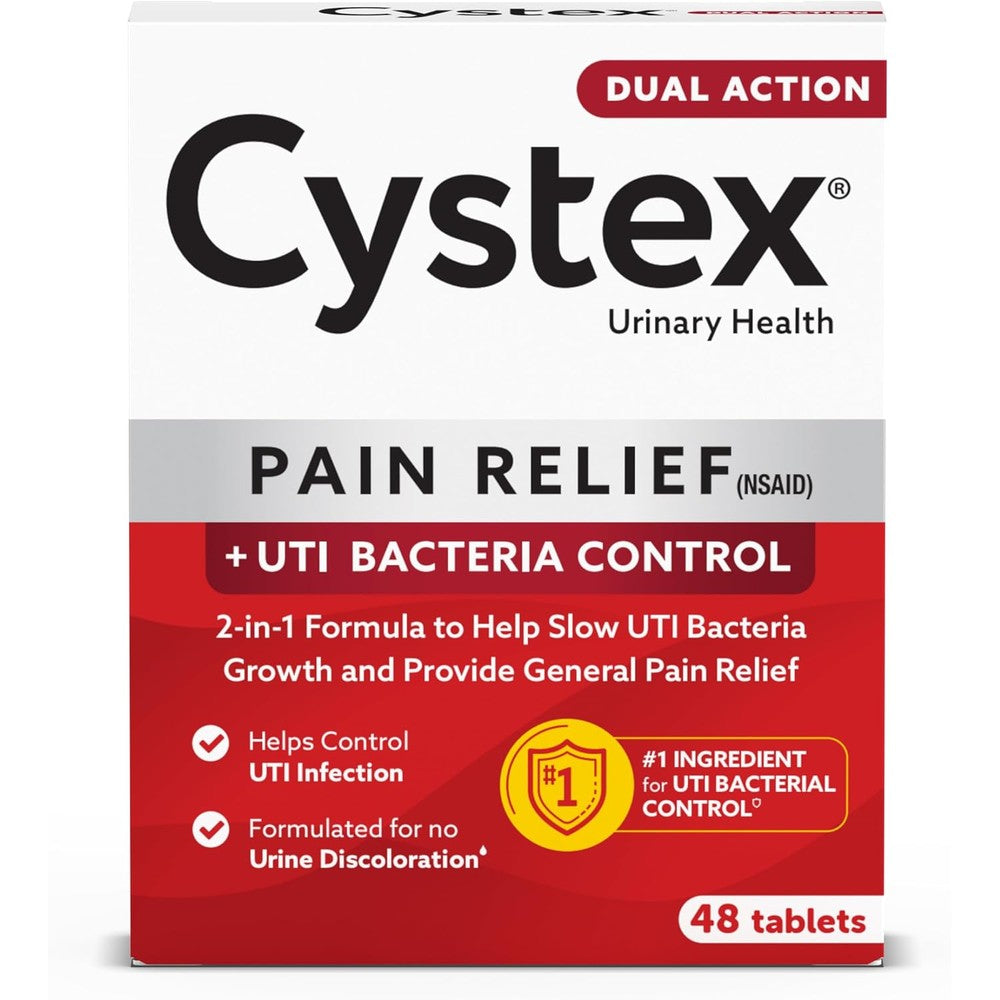 Cystex Dual Action Urinary Tract Infection Pain Relief Tablets front packaging for fast acting burning relief