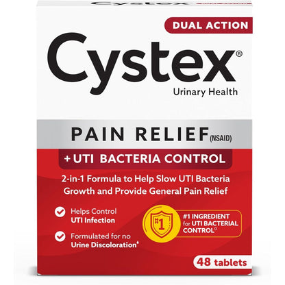 Cystex Dual Action Urinary Tract Infection Pain Relief Tablets front packaging for fast acting burning relief