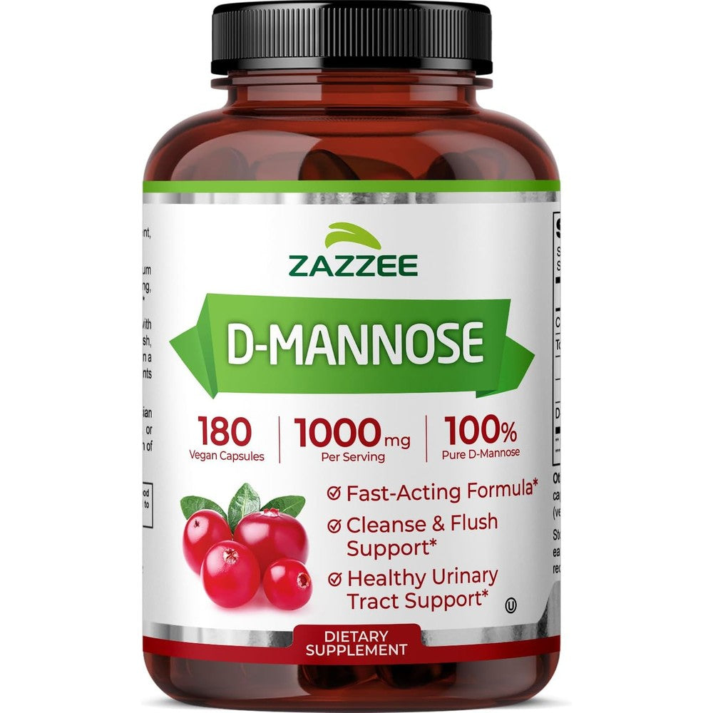 Zazzee D-Mannose 1000 mg supplement front bottle view for urinary tract support