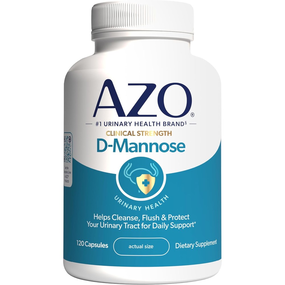 AZO D Mannose Urinary Tract Health 120 Capsules bottle front view for bladder cleanse support.