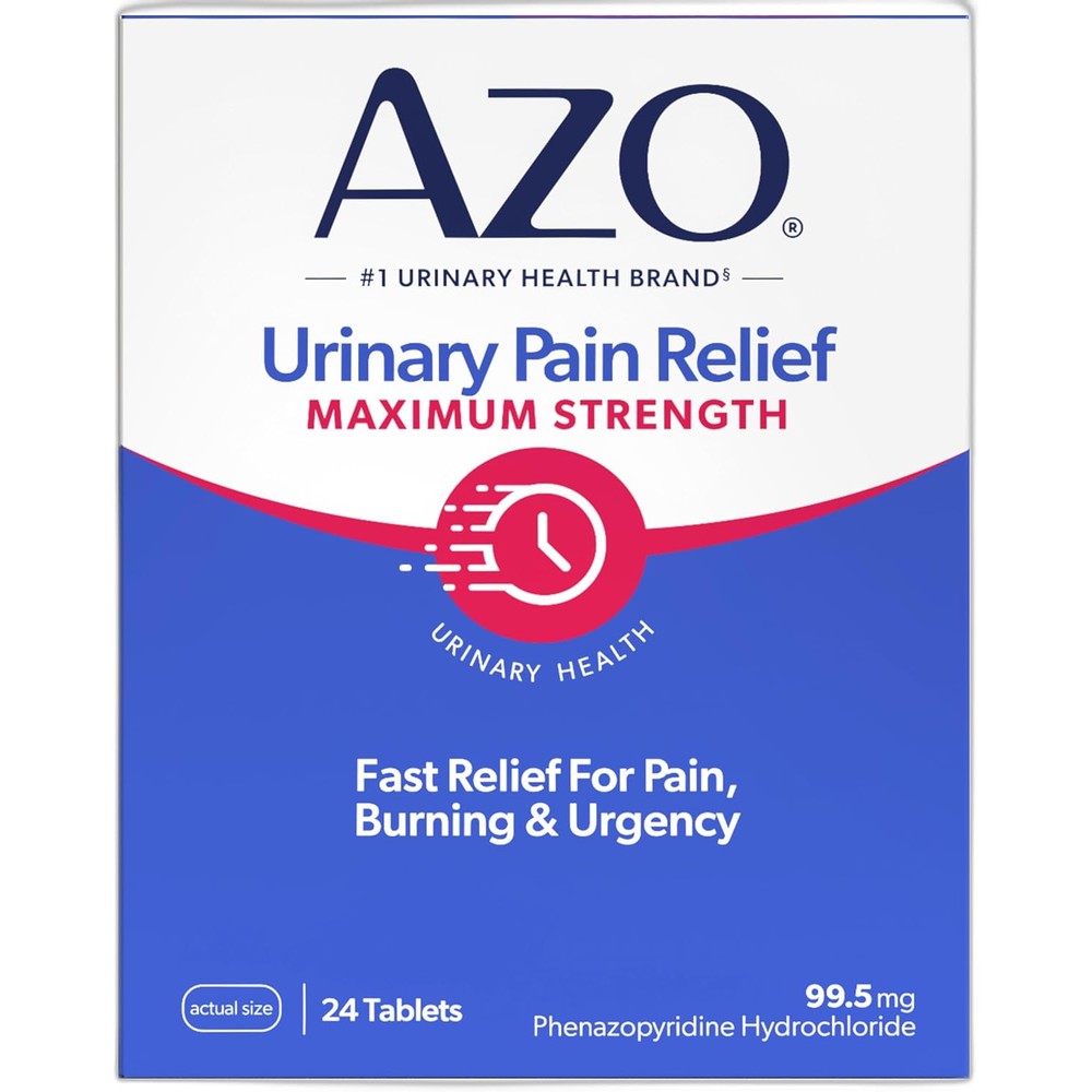 Azo Urinary Pain Relief Maximum Strength 24 tablets front retail packaging box