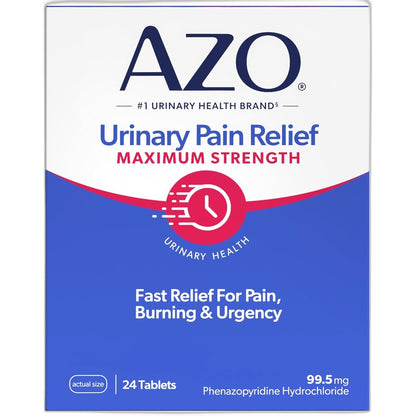 Azo Urinary Pain Relief Maximum Strength 24 tablets front retail packaging box