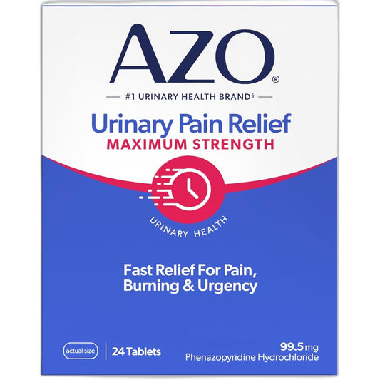 Azo Urinary Pain Relief Maximum Strength 24 tablets front retail packaging box