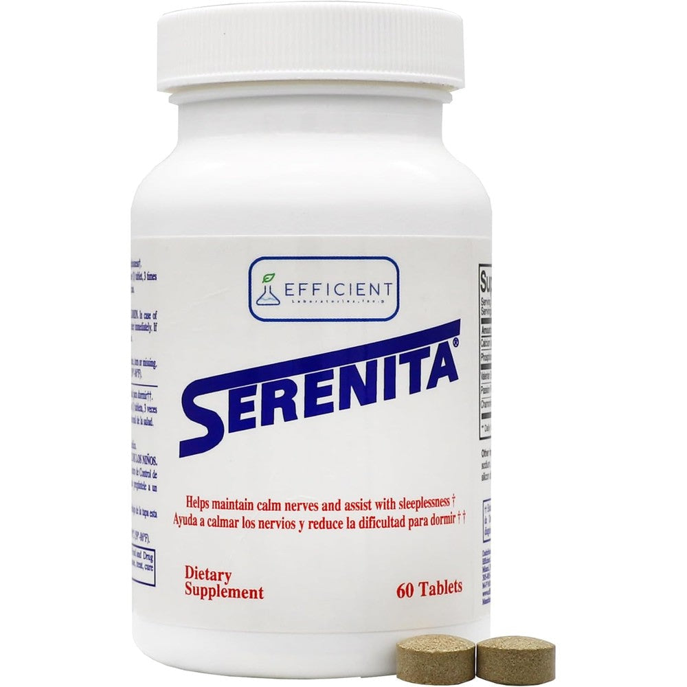 Serenita Stress and Sleeplessness Supplement front view bottle showing 60 tablets