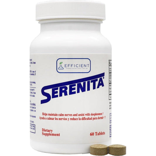 Serenita Stress and Sleeplessness Supplement front view bottle showing 60 tablets