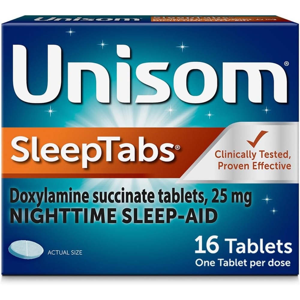 Unisom SleepTabs 16 Tablets front view packaging showcasing the nighttime sleep aid branding.