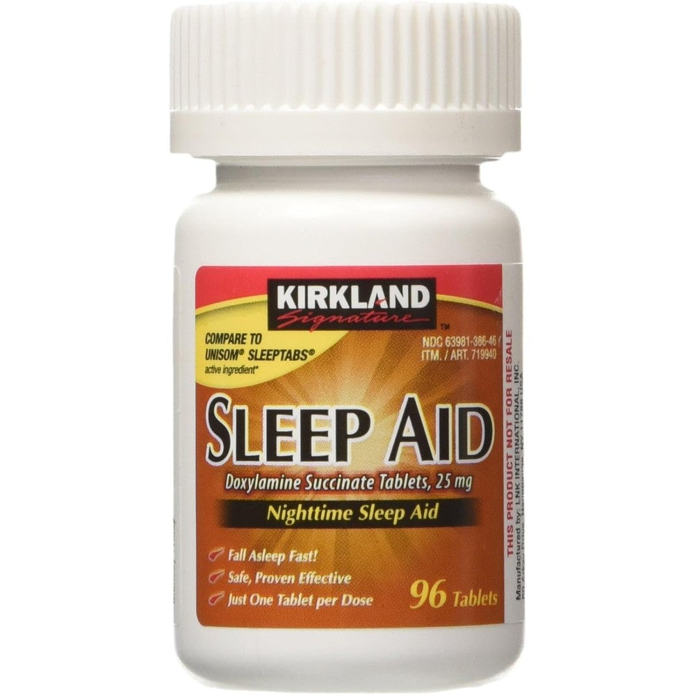 Kirkland Signature Sleep Aid Doxylamine Succinate 96 Tablets front view bottle for occasional sleeplessness support