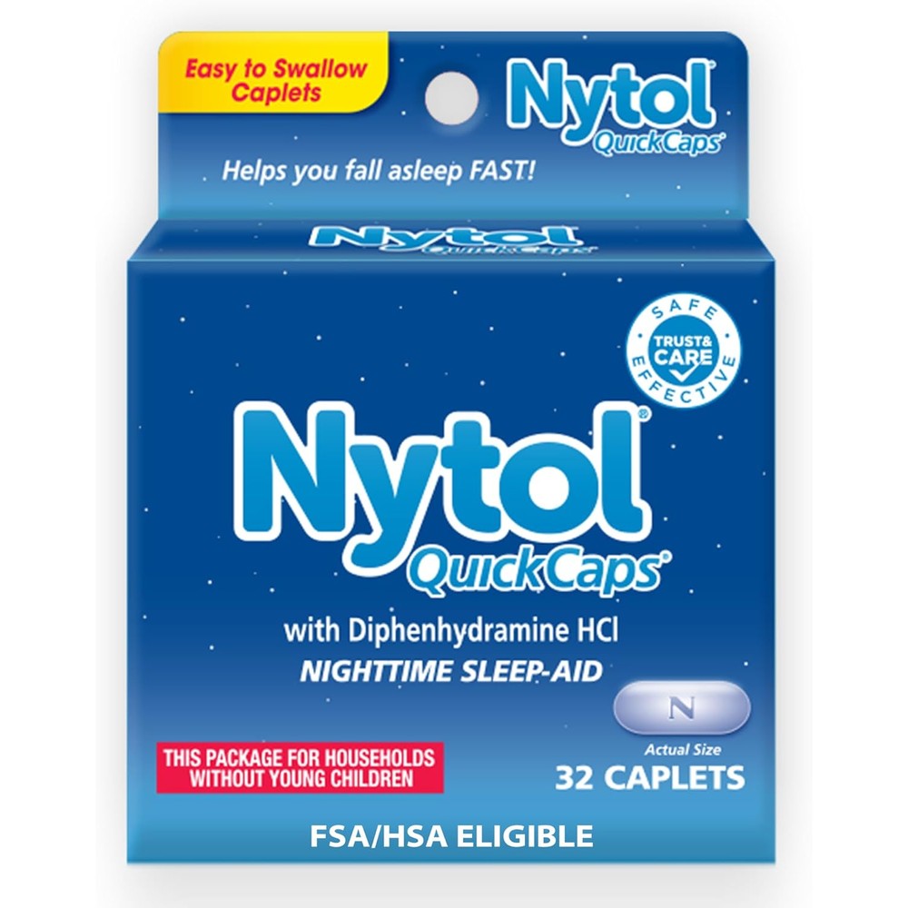Nytol Quick Caps Nighttime Sleep Aid 32 Caplets front packaging showing diphenhydramine formula.