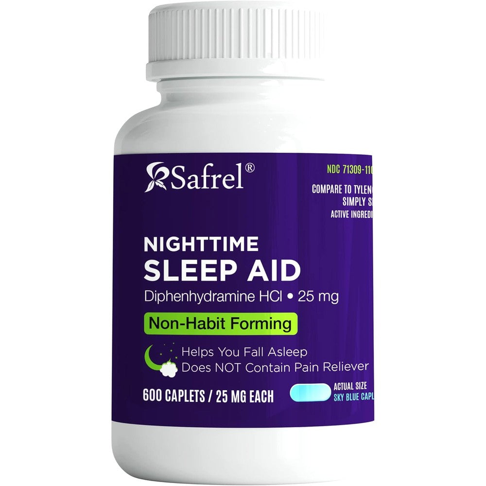 Safrel Nighttime Sleep Aid 600 caplets bottle front view displaying 25mg strength.
