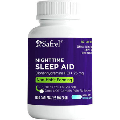 Safrel Nighttime Sleep Aid 600 caplets bottle front view displaying 25mg strength.