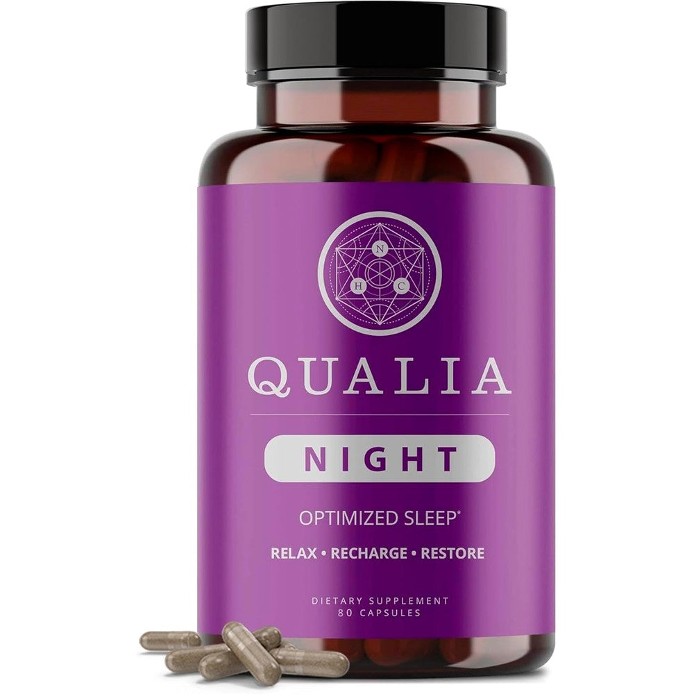 Qualia Life Sciences Qualia Night Sleep Aid 80 capsules front view bottle showing natural premium packaging