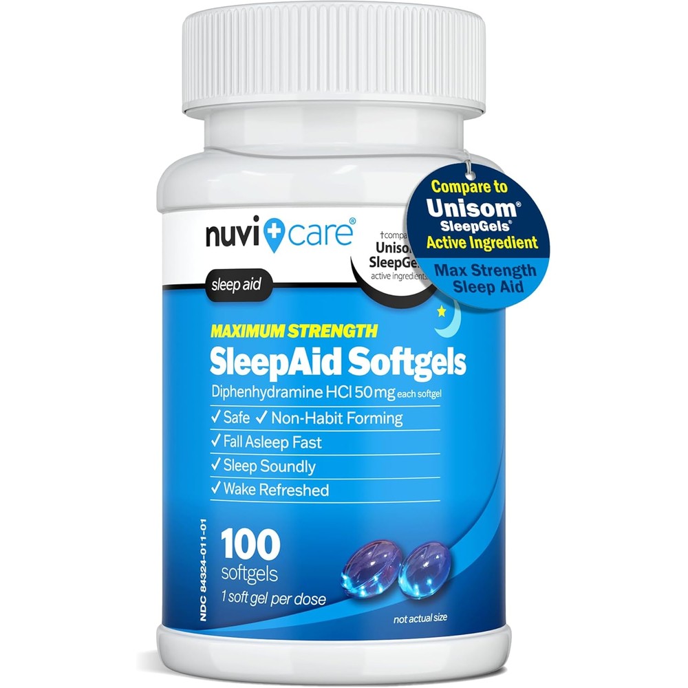 NUVICARE Maximum Strength SleepAid Soft Gels front view bottle showing 100 count specifications