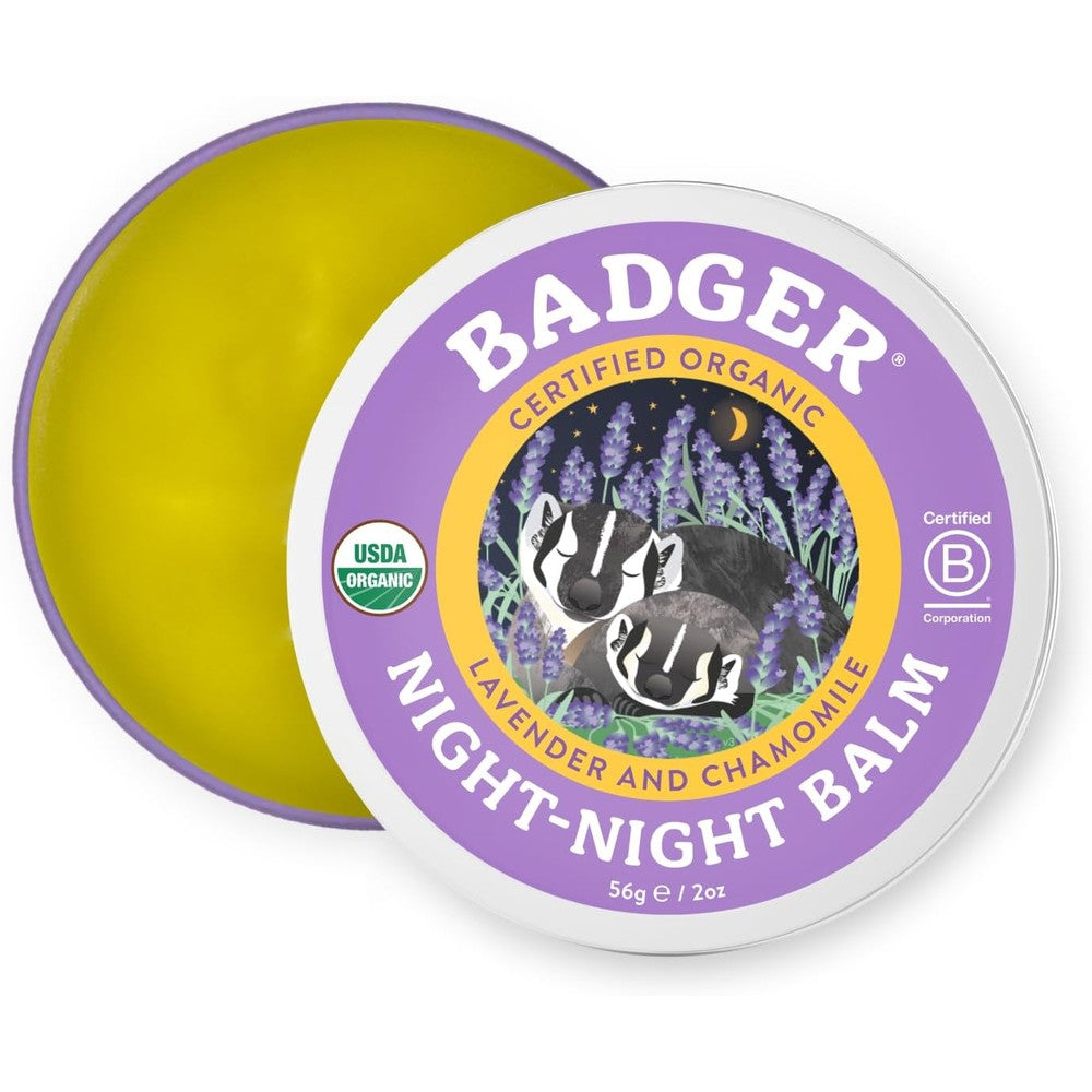 Badger Night Night Balm 2 Ounce Tin front view showing organic sleep aid branding