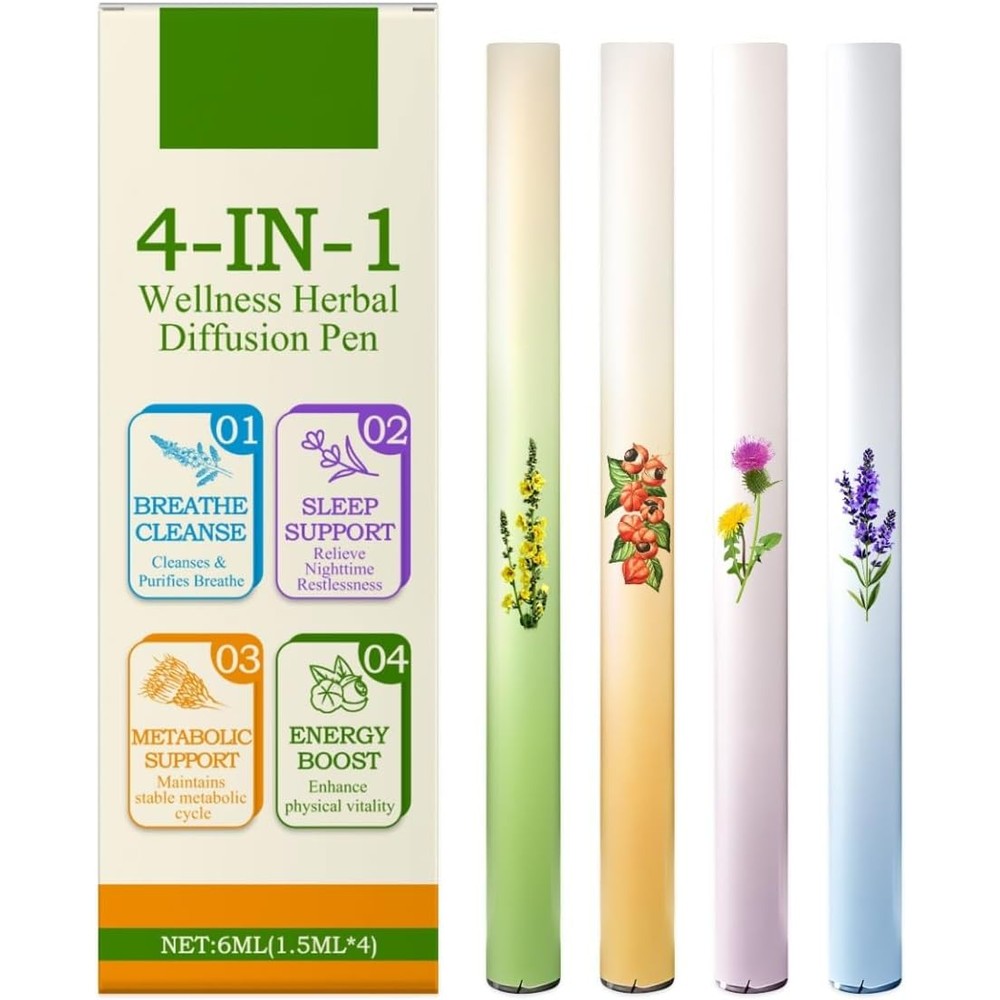 Dentivive 4-in-1 wellness herbal diffuser pen pack front view showing four unique colorful aromatherapy sticks.