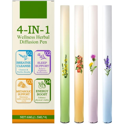 Dentivive 4-in-1 wellness herbal diffuser pen pack front view showing four unique colorful aromatherapy sticks.