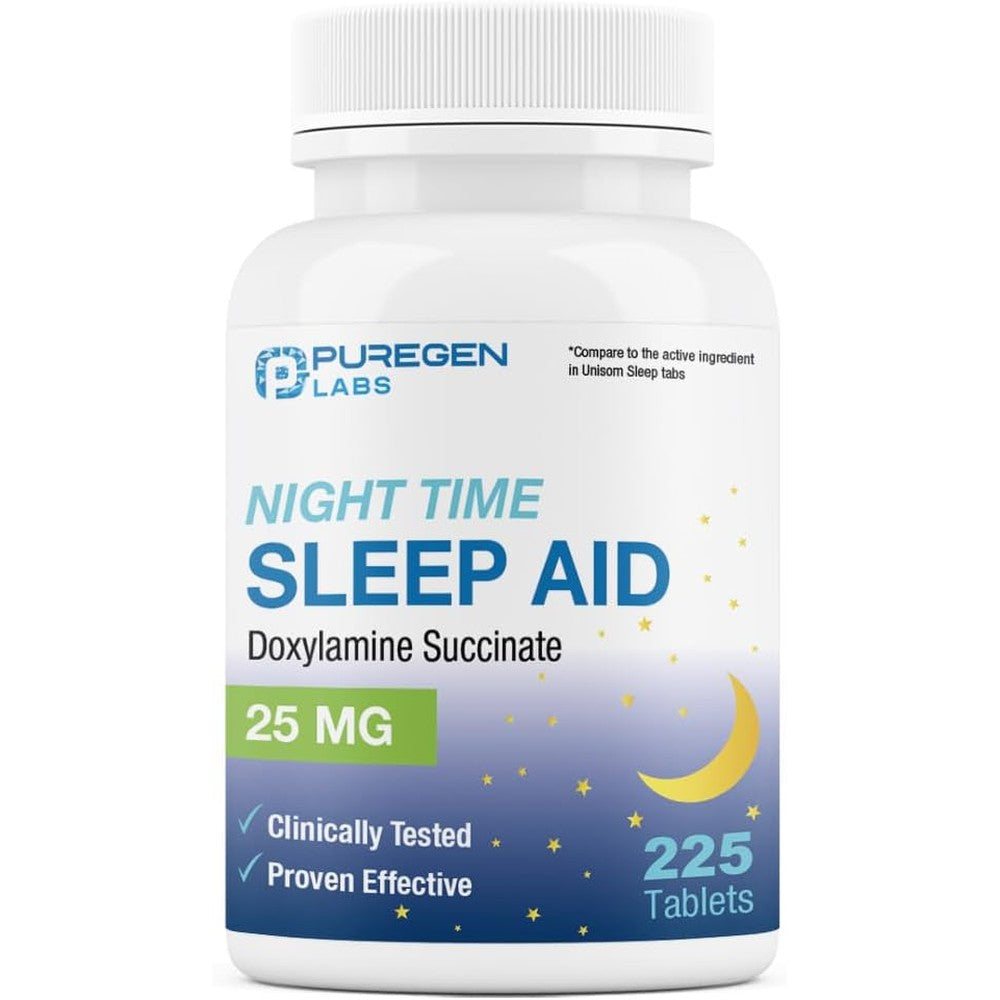 Puregen Labs Doxylamine Succinate 25mg 225 tablets front view showcasing the blue nighttime sleep aid packaging.