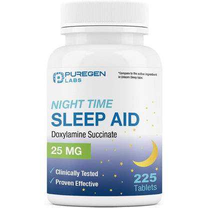 Puregen Labs Doxylamine Succinate 25mg 225 tablets front view showcasing the blue nighttime sleep aid packaging.