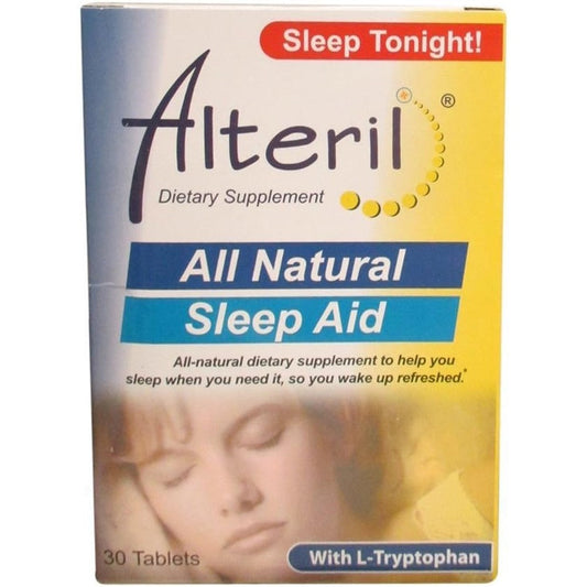 Alteril Sleep Aid with L-Tryptophan 30 tablets front box packaging for natural overnight sleep support.
