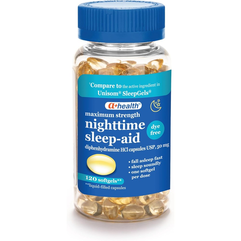 A+Health Dye-Free Nighttime Sleep Aid 50mg softgels 120 count bottle front view