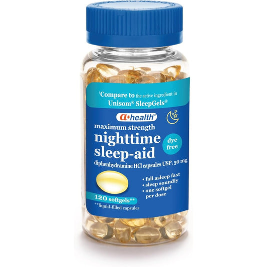A+Health Dye-Free Nighttime Sleep Aid 50mg softgels 120 count bottle front view