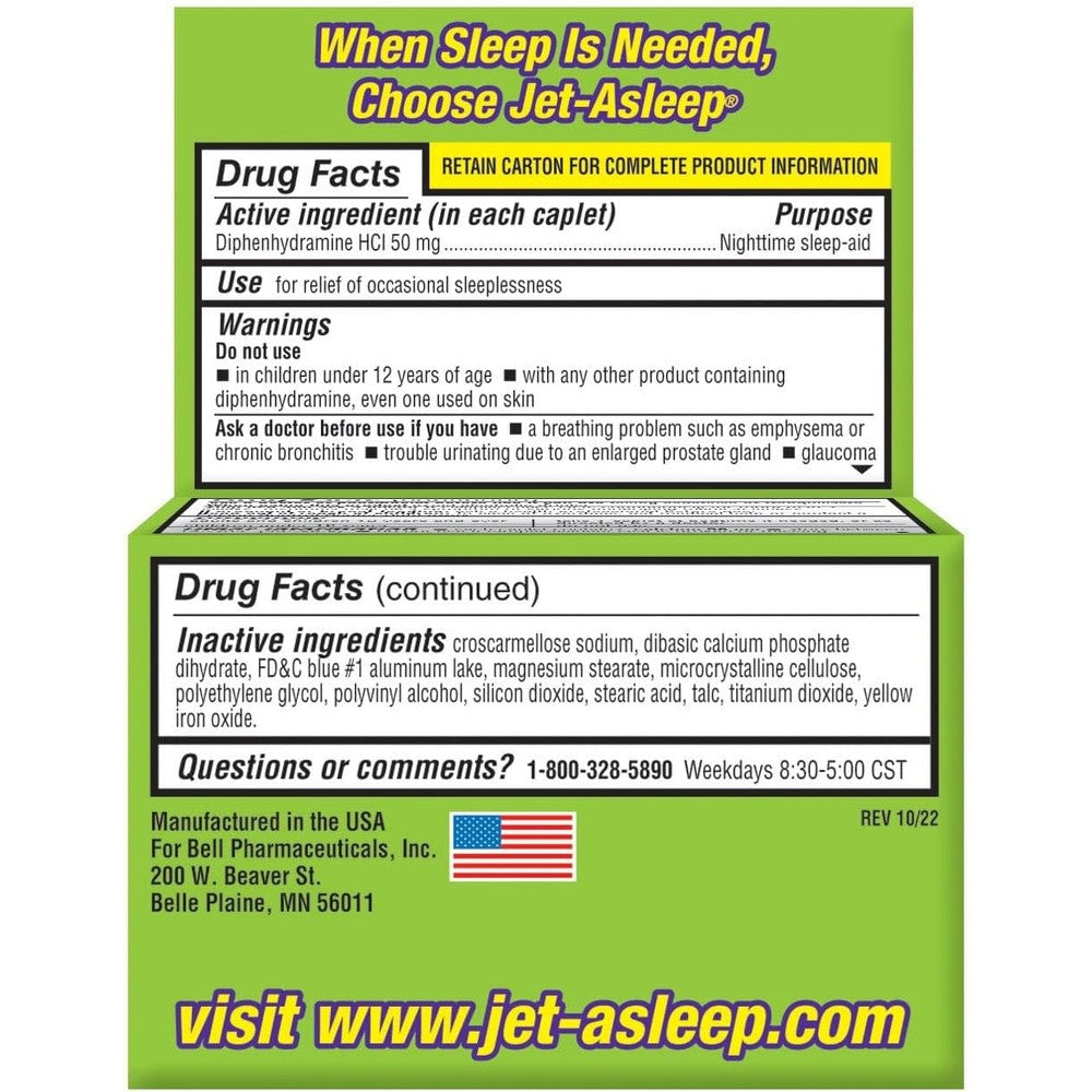 Bell Pharmaceuticals Jet-Asleep Double Strength Nighttime Sleep-Aid 100 Count front packaging showing diphenhydramine 50mg tablets for insomnia relief.