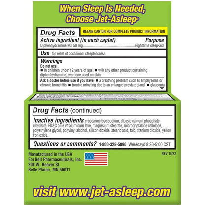 Bell Pharmaceuticals Jet-Asleep Double Strength Nighttime Sleep-Aid 100 Count front packaging showing diphenhydramine 50mg tablets for insomnia relief.