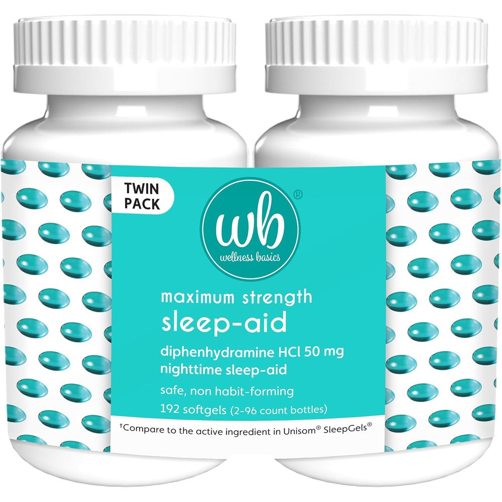 Wellness Basics sleep aid maximum strength twin pack front view showing liquid softgels package packaging