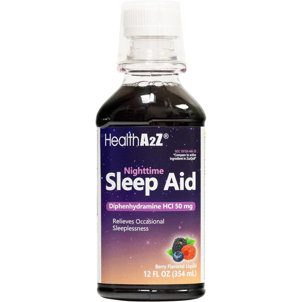HealthA2Z Nighttime Sleep Aid 12 Fluid Ounce front view bottle showcasing berry flavor details.