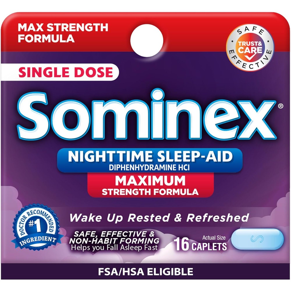 Sominex Maximum Strength Nighttime Sleep Aid Tablets 16 Count front packaging displaying active ingredient information.