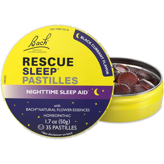RESCUE Bach Sleep Pastilles black currant flavor front tin view lifestyle packaging
