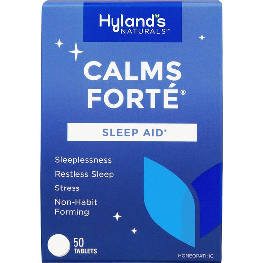 Hyland's Naturals Calms Forte Sleep Aid 50 tablets front view showing packaging details.