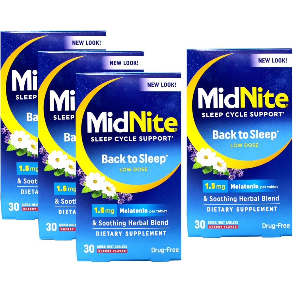 MidNite Sleep Aid for Occasional Sleeplessness value pack of four front view showing authentic imported packaging.