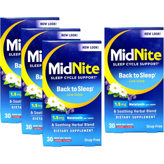 MidNite Sleep Aid for Occasional Sleeplessness value pack of four front view showing authentic imported packaging.