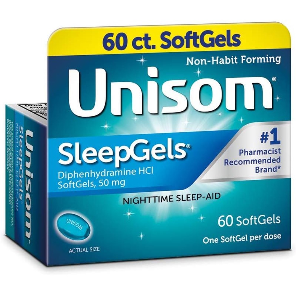 Unisom SleepGels 60 count bottle front view showing maximum strength formula packaging