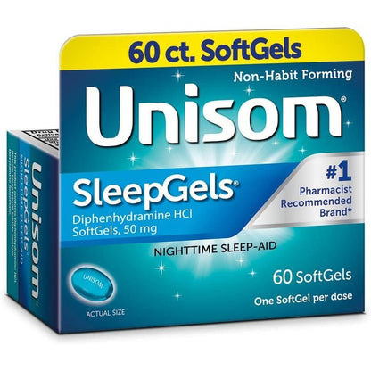 Unisom SleepGels 60 count bottle front view showing maximum strength formula packaging